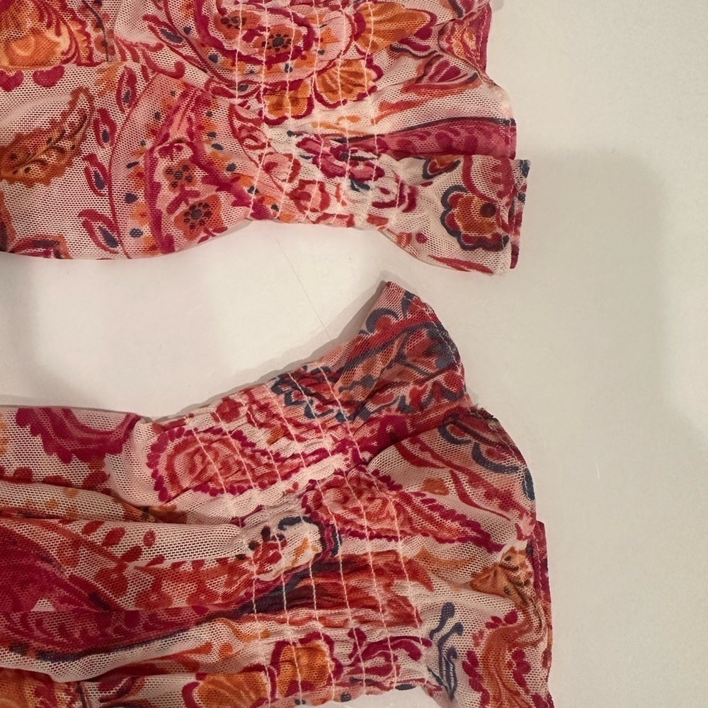 Harper 241 Boho Blouse Top Red Orange Paisley Lined Sheer Arms Tie Sz L - Picture 8 of 11